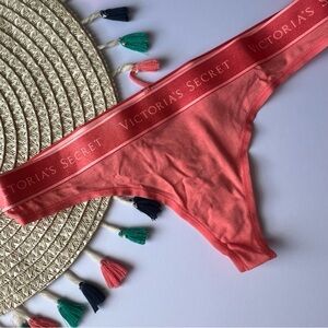 Victoria's Secret Logo Cotton Thong Panty Coral Ribbon Small NEW